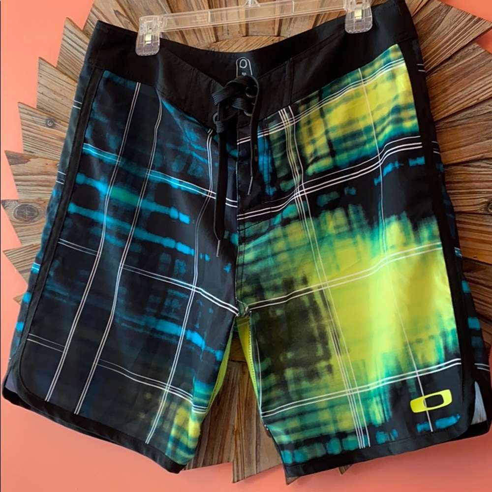 Oakley Men's Black, Blue & Neon Yellow Green Swim Board Shorts